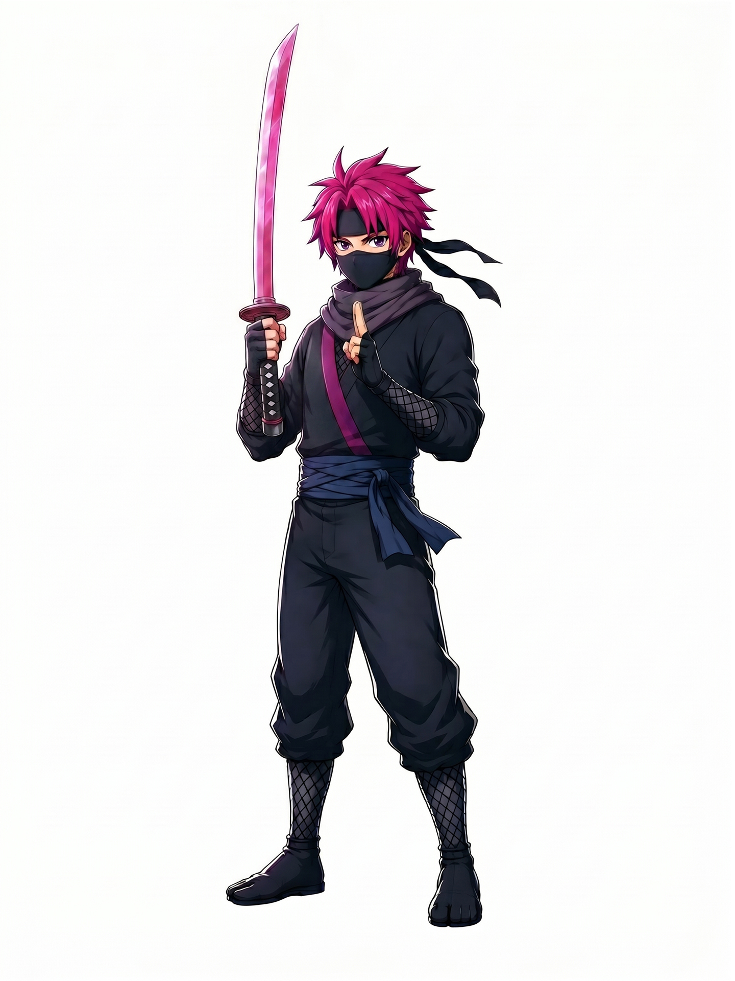 Backslash character standing calmly with sword raised, a quiet, commanding pose