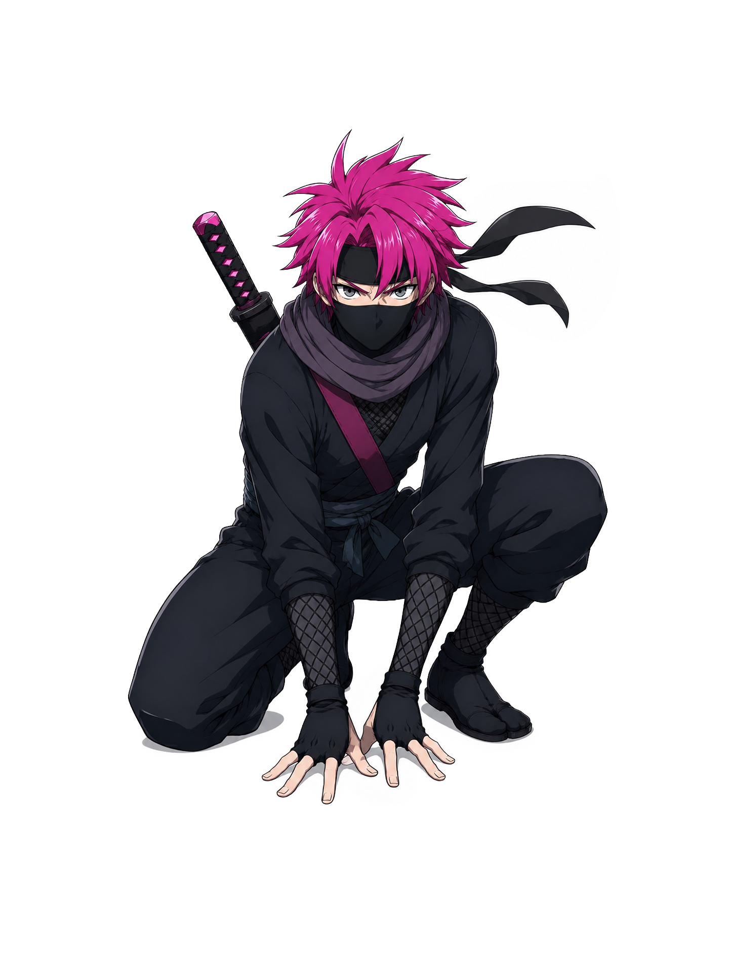 Backslash character crouched low in an alert, watchful pose