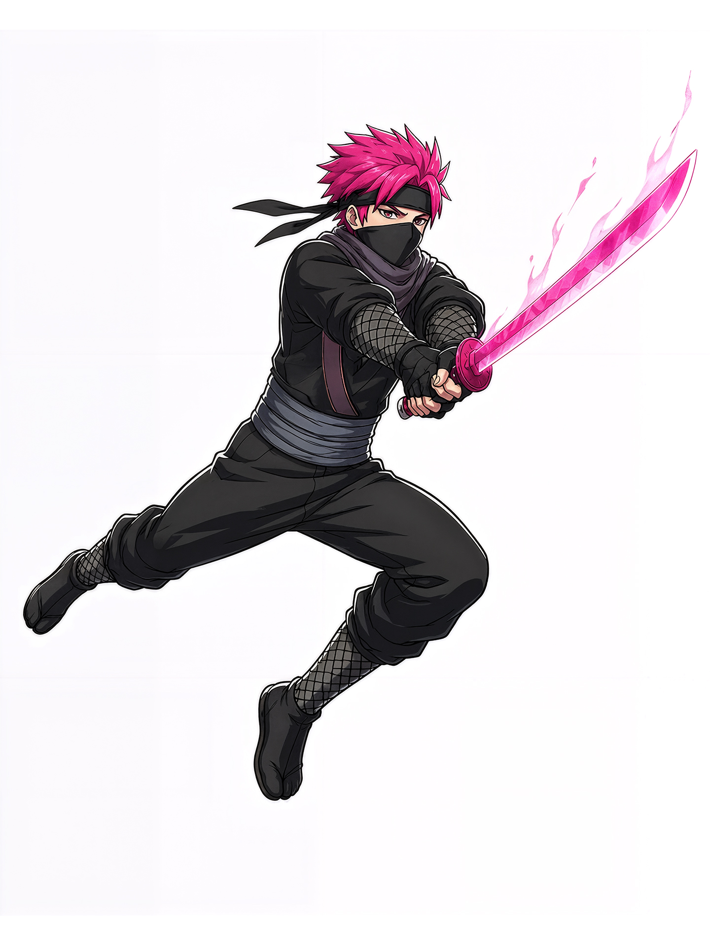 Backslash character leaping forward with a flaming pink blade