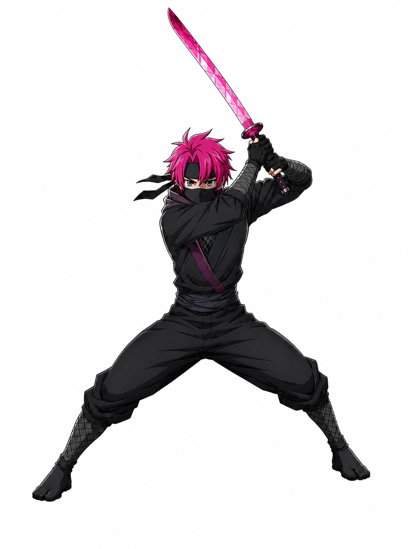 Backslash character in a wide defensive stance with sword raised overhead