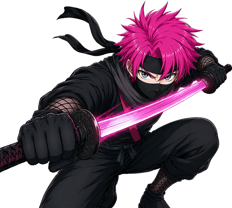 Close-up action shot of the Backslash character gripping a glowing pink blade