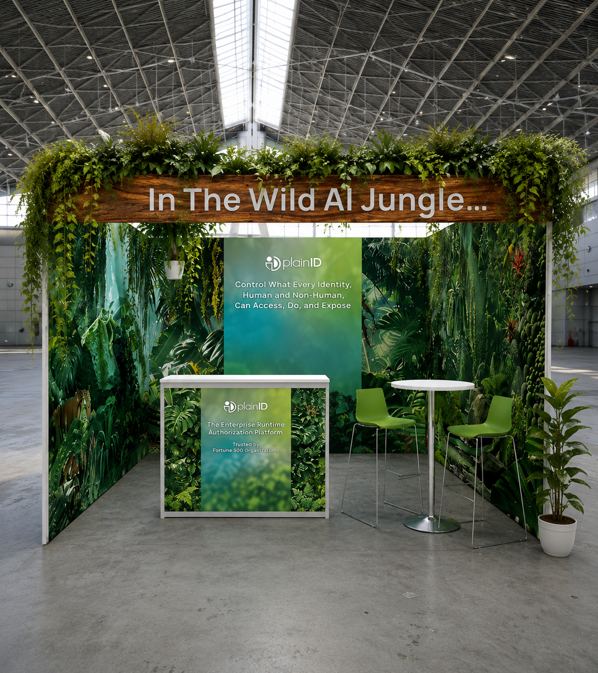 3D visualization of the PlainID AI Jungle exhibition booth in Amsterdam