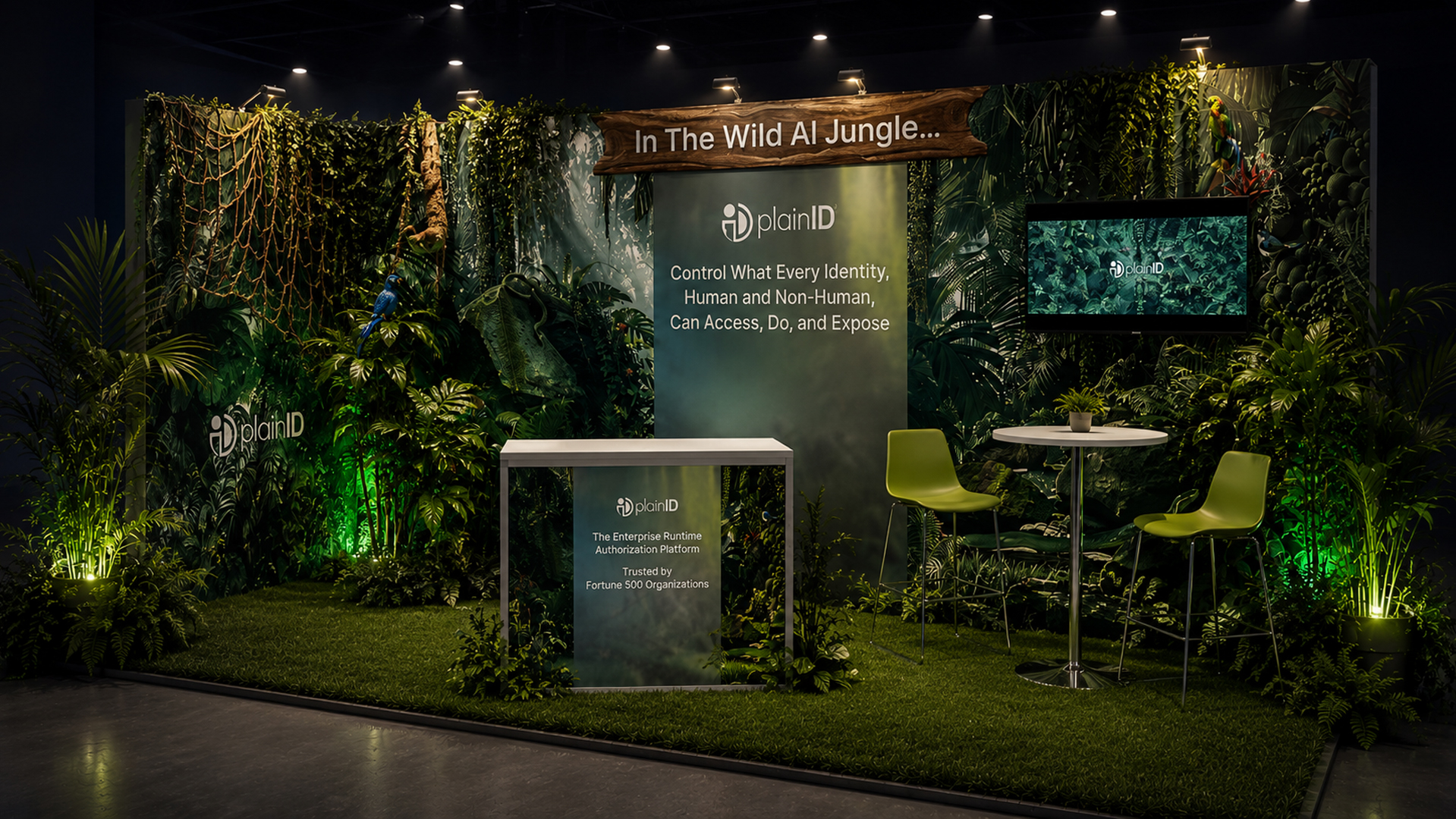 PlainID AI Jungle exhibition booth surrounded by tropical environmental graphics