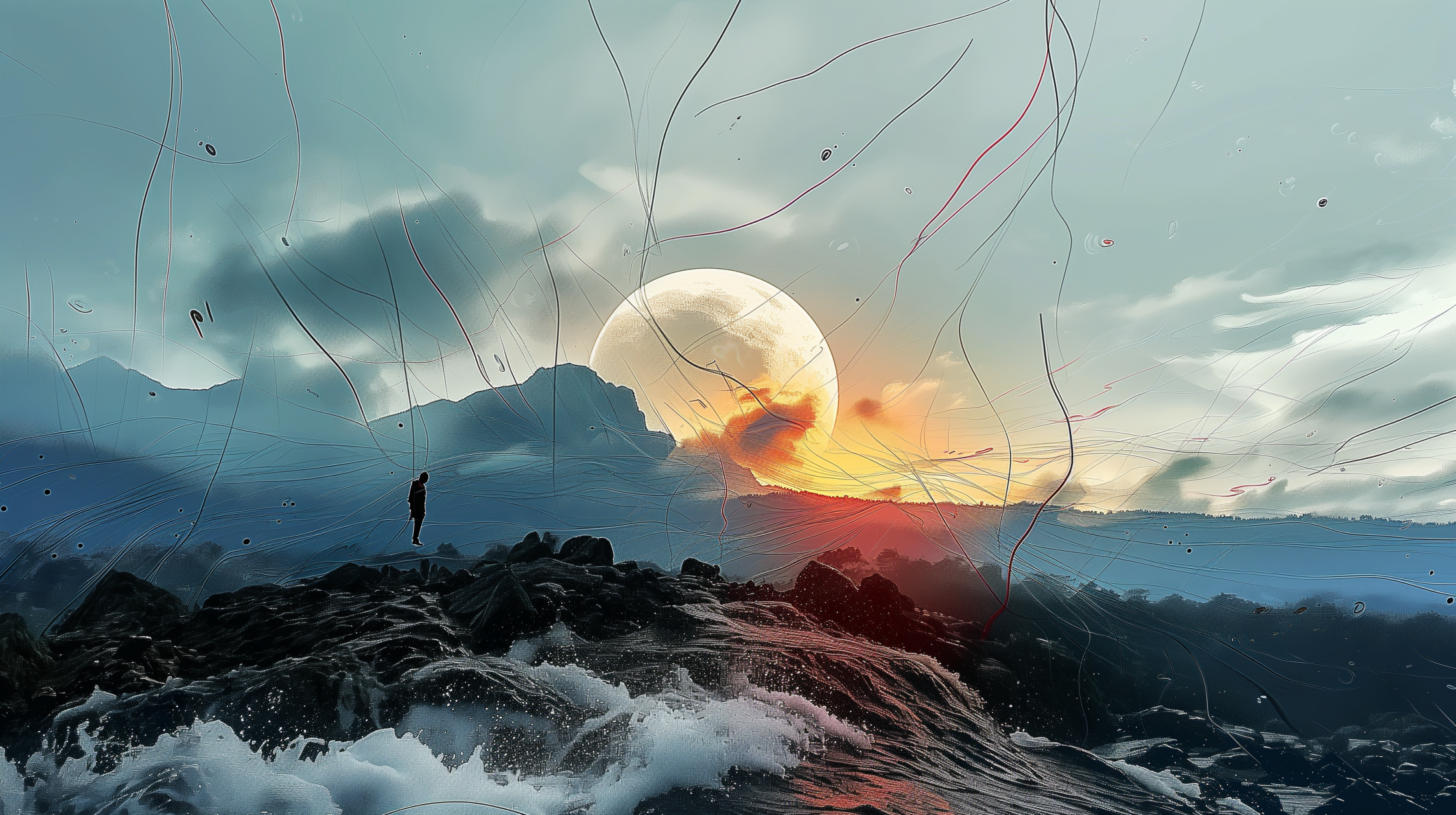 Small figure facing a luminous mountain horizon