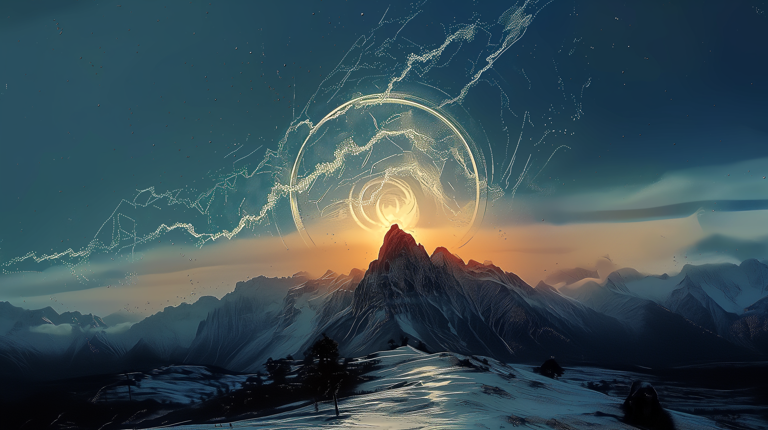 Dark snow mountain beneath a circular light formation
