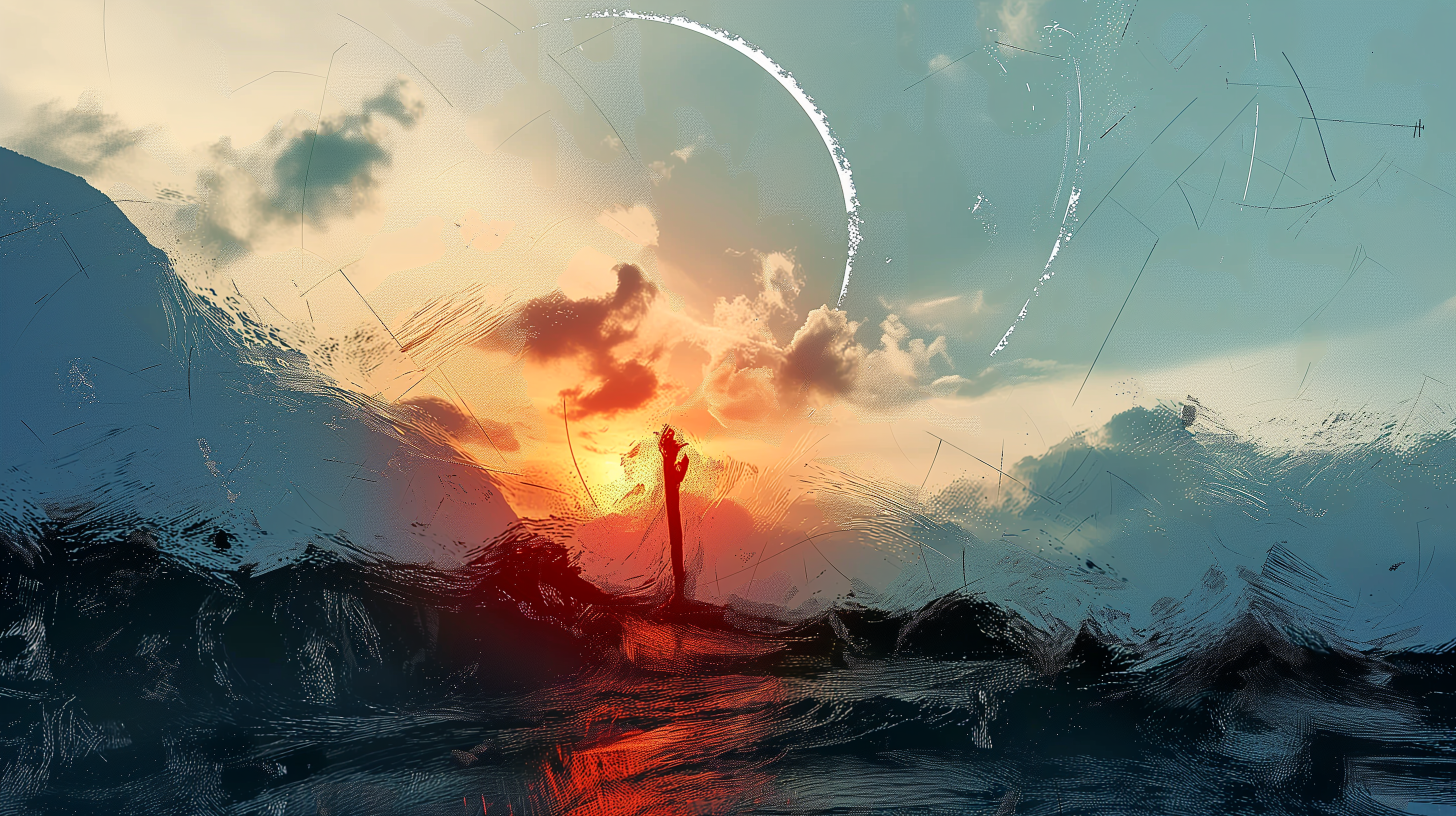 Figure standing in a layered sunrise mountain world