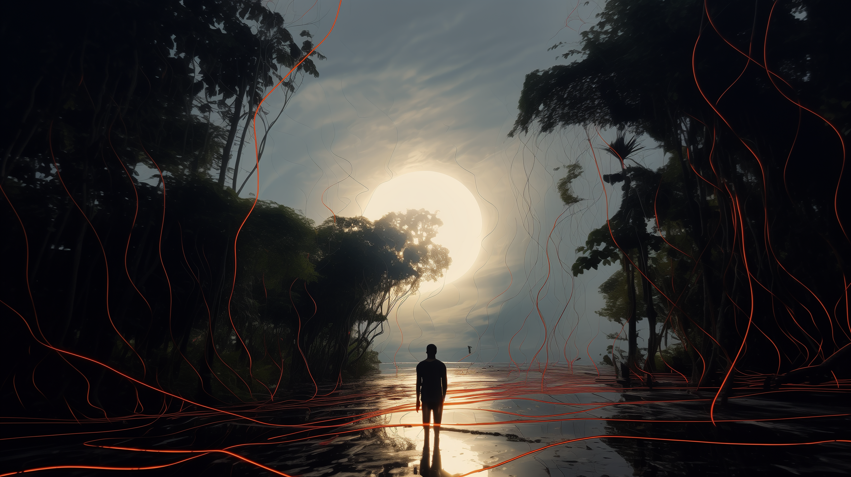 Figure surrounded by red light lines in a dark forest
