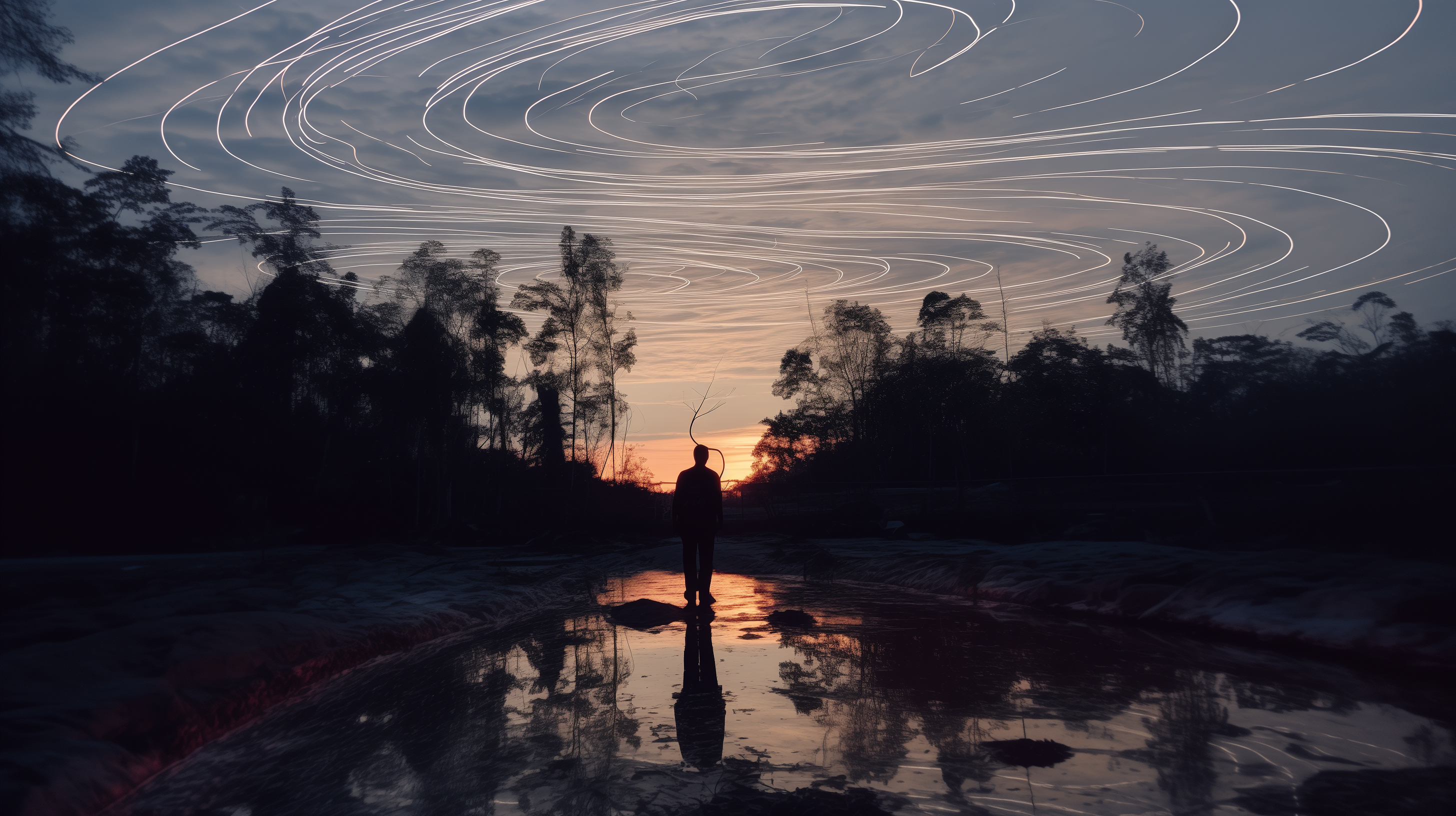 Silhouette beneath sweeping white lines at night