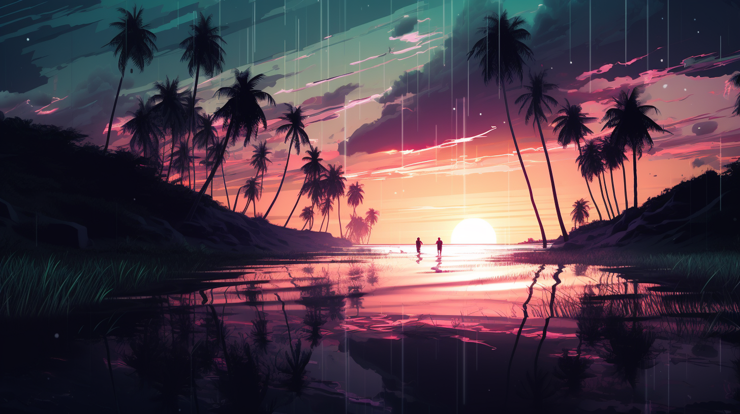 Tropical sunset reflected across shallow water
