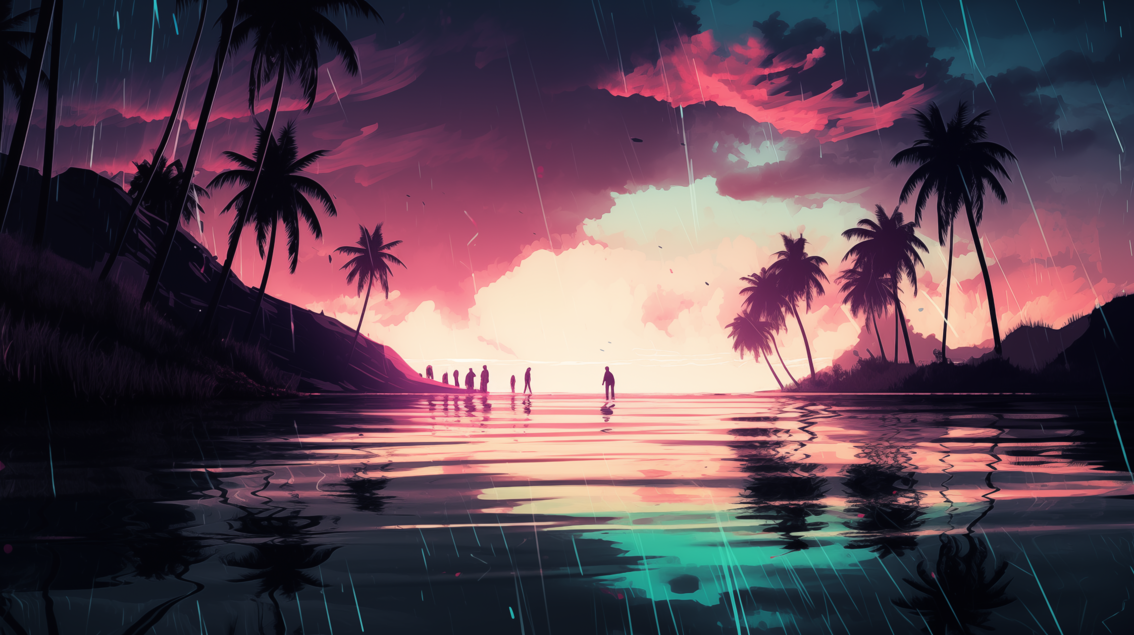 Rain falling over a luminous tropical landscape