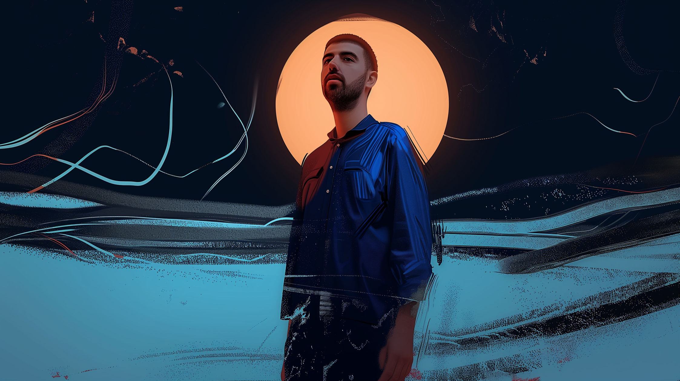 Itay Dadon before a glowing moon in a blue graphic world