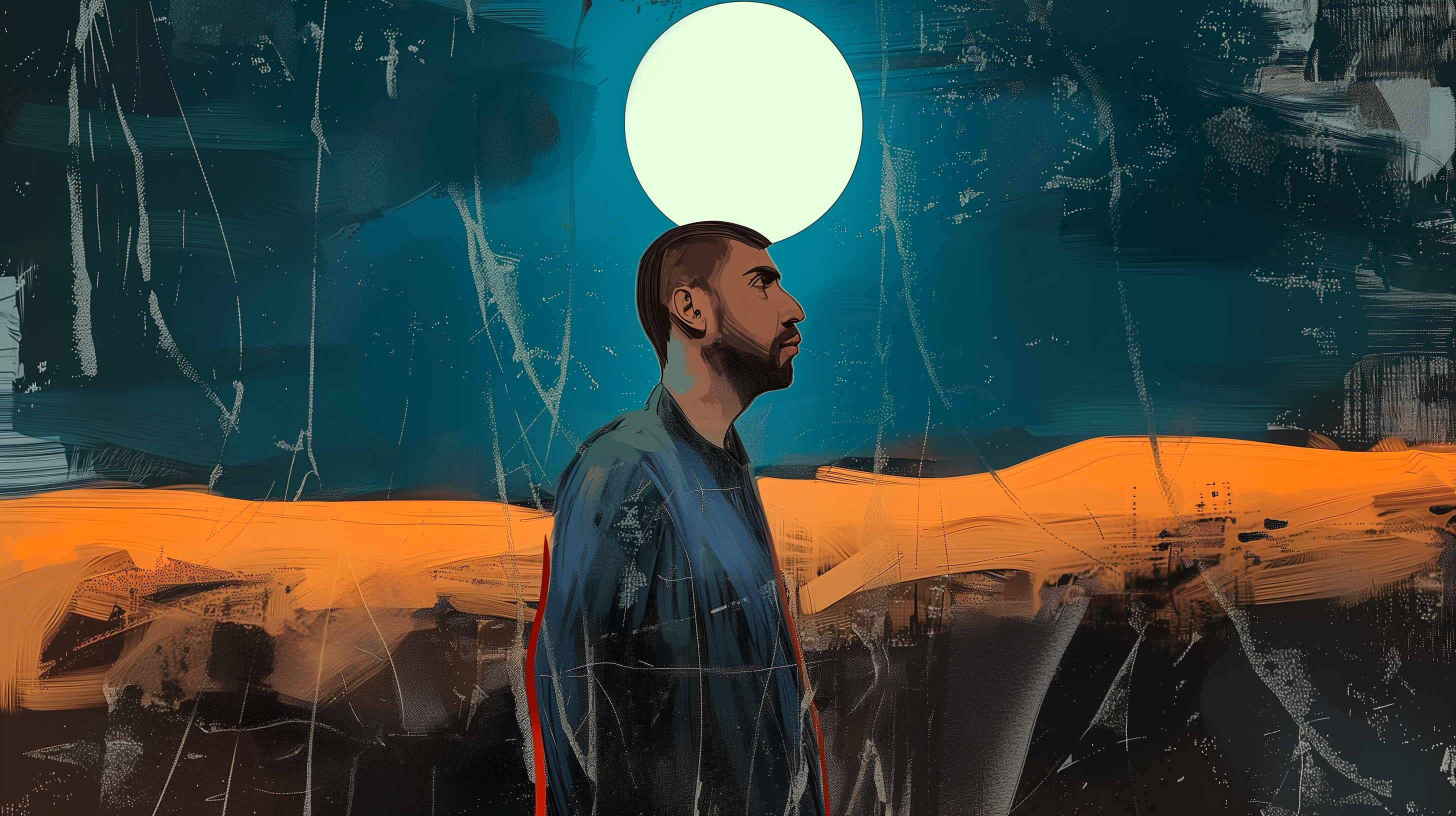 Illustrated profile of Itay Dadon in a dark blue and orange landscape