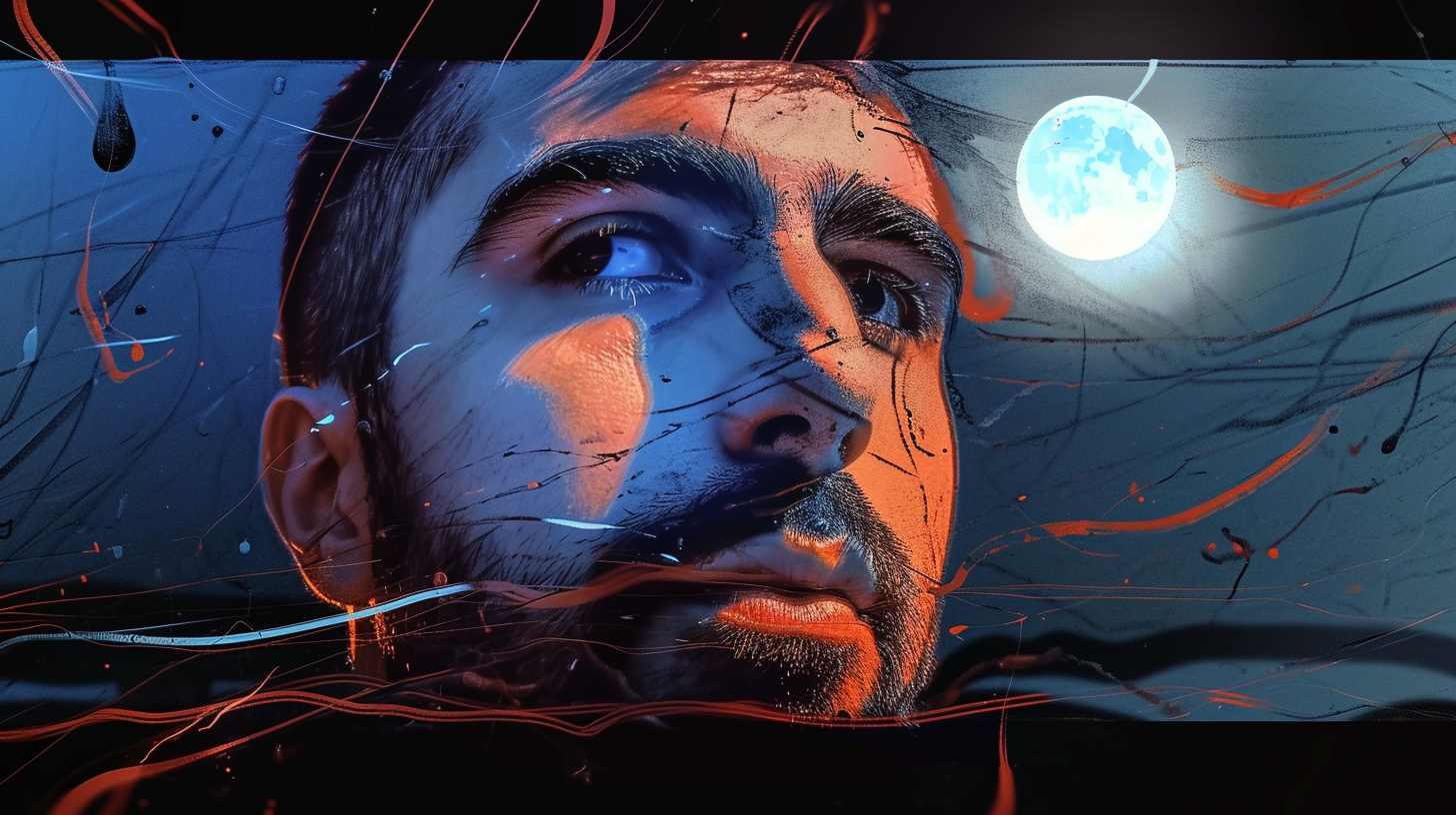 Close portrait of Itay Dadon lit in blue and orange