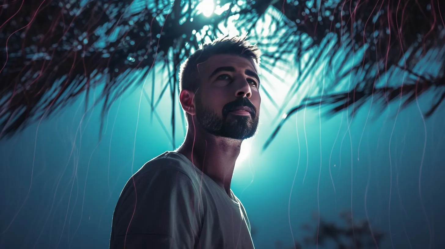 Itay Dadon standing in a blue illuminated jungle