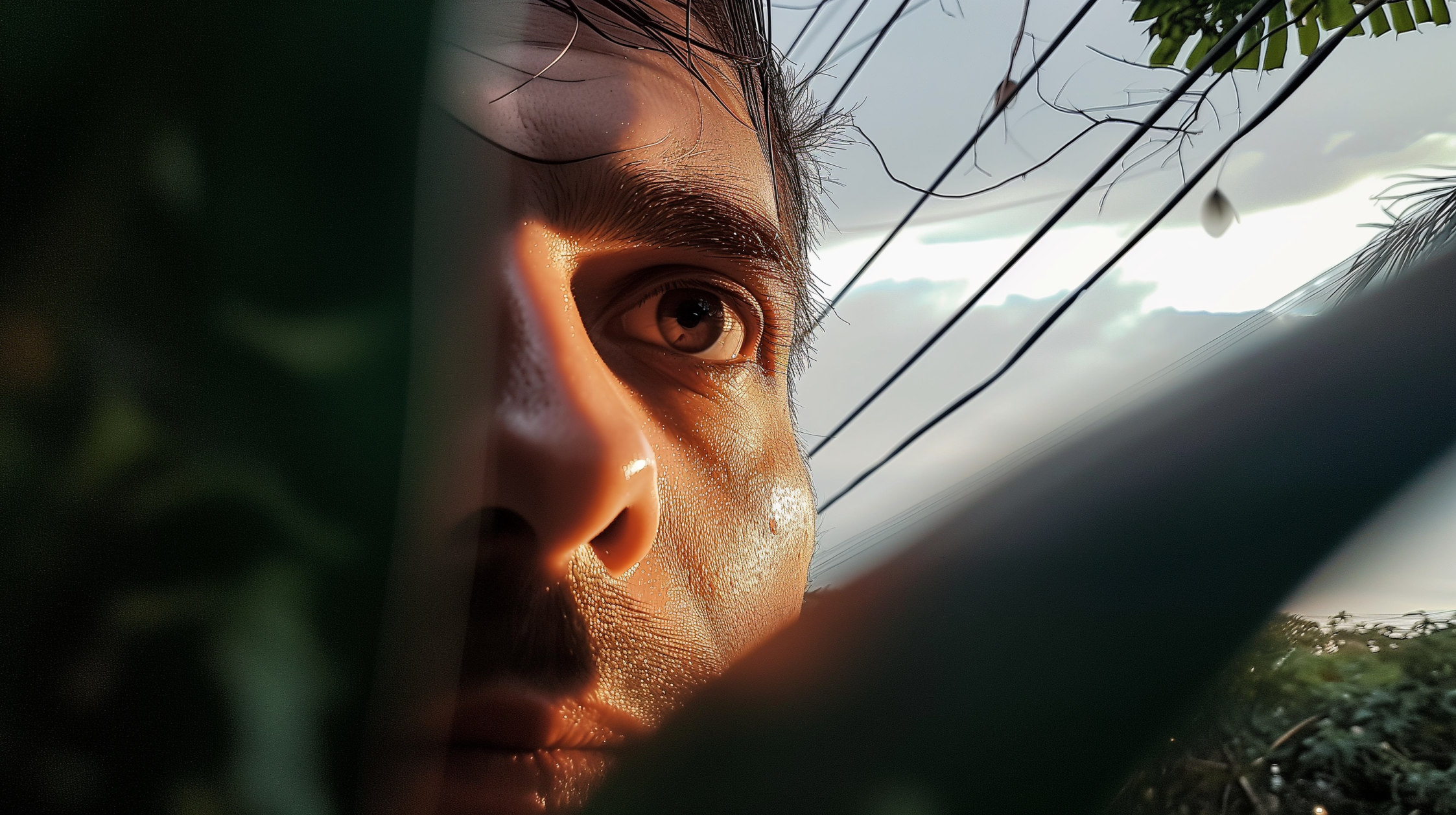 Close view of an eye framed by leaves and fine lines