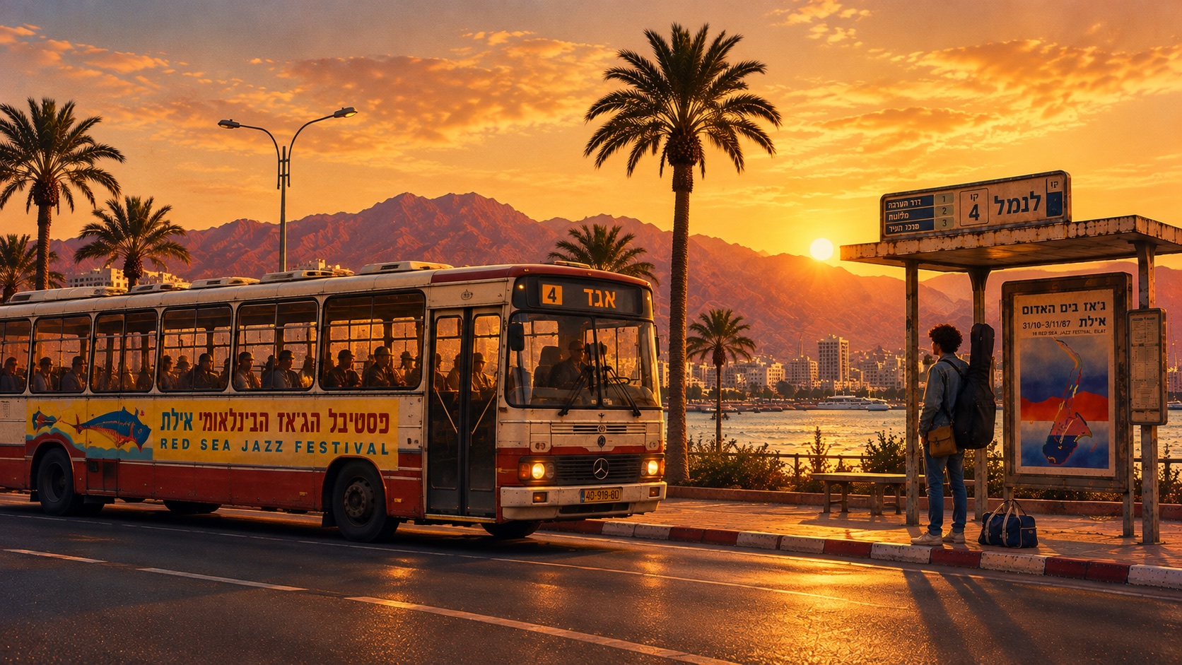 Red Sea Jazz Festival bus at a sunset bus stop in Eilat