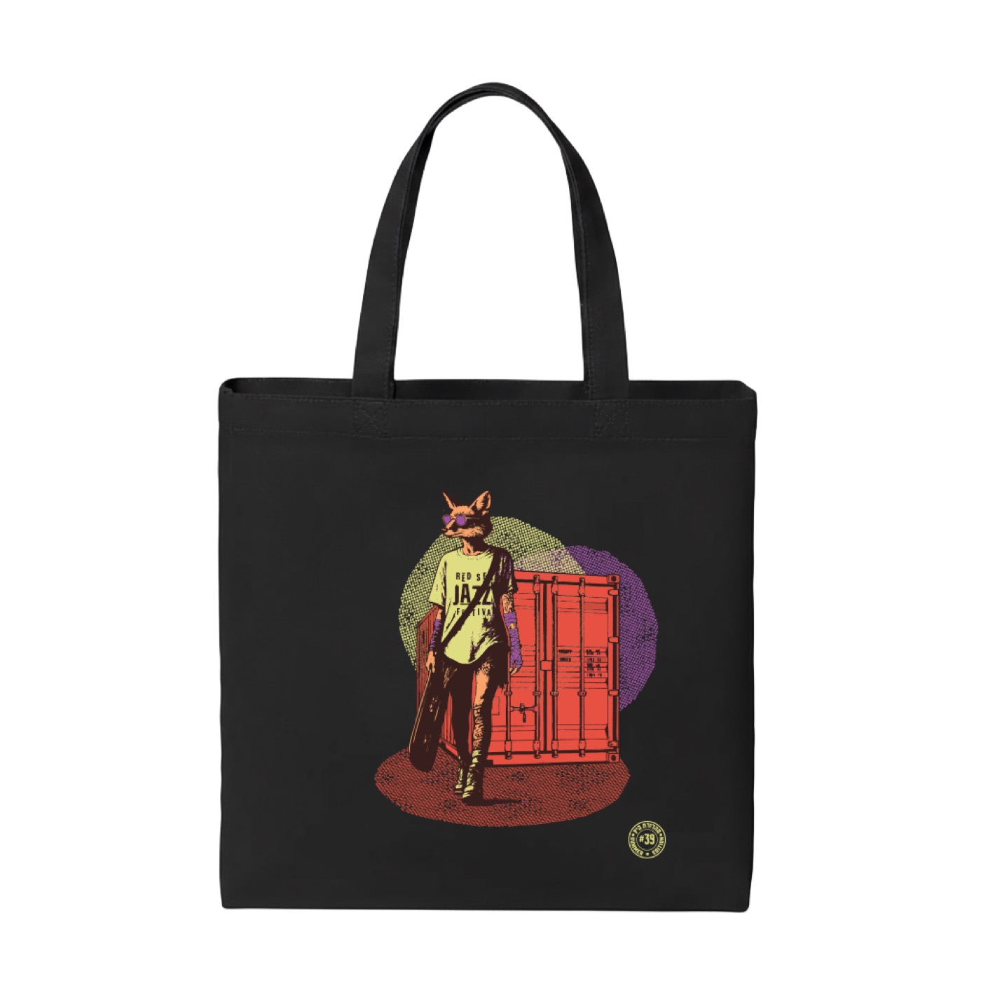 Black tote bag with the fox character