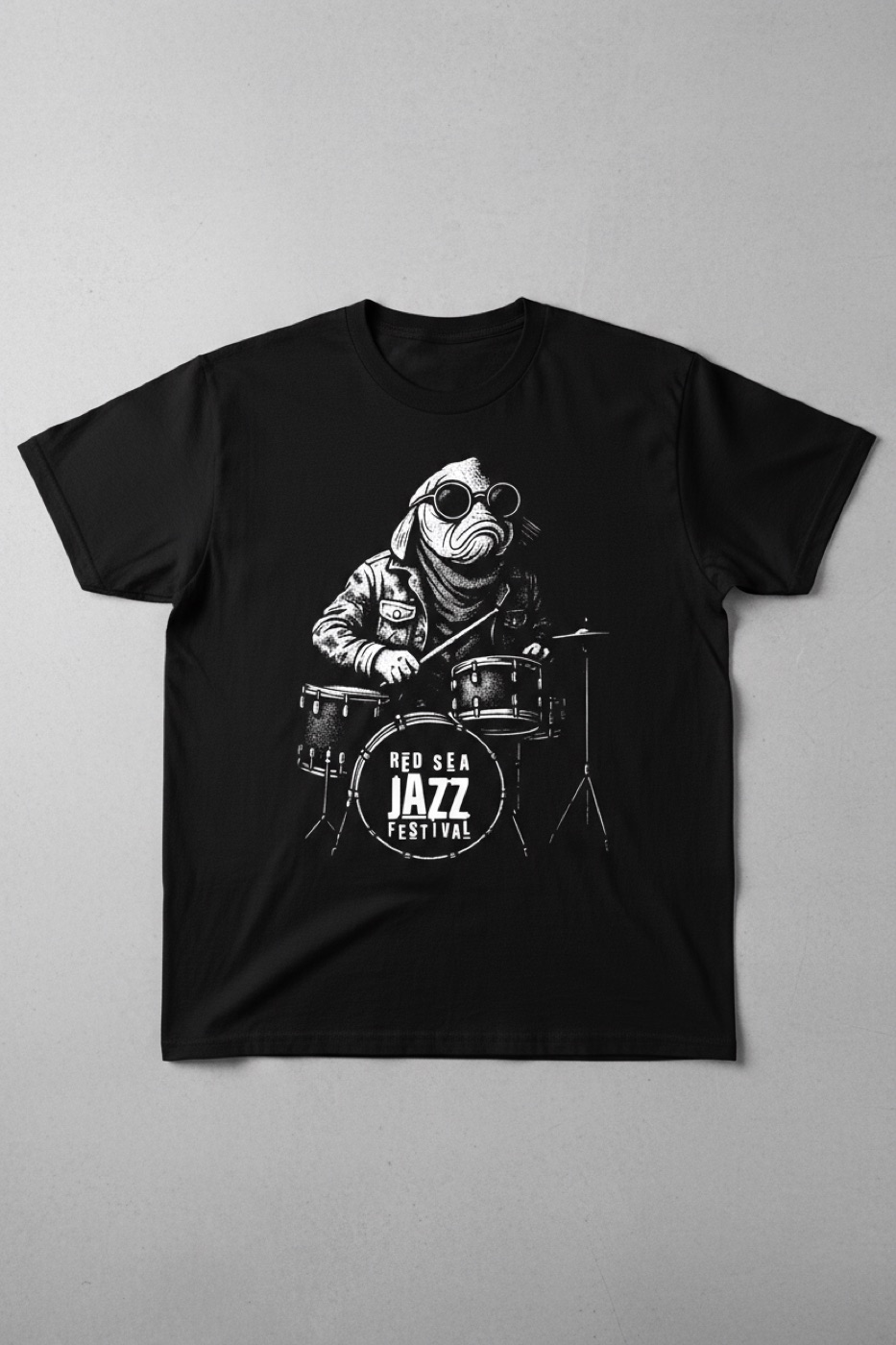 Black shirt with the fish drummer character